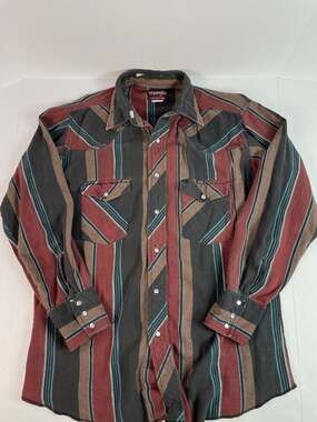 VTG Wrangler Western Pearl Snap Striped Flannel Shirt Red Brown Gray Shirt Sz L